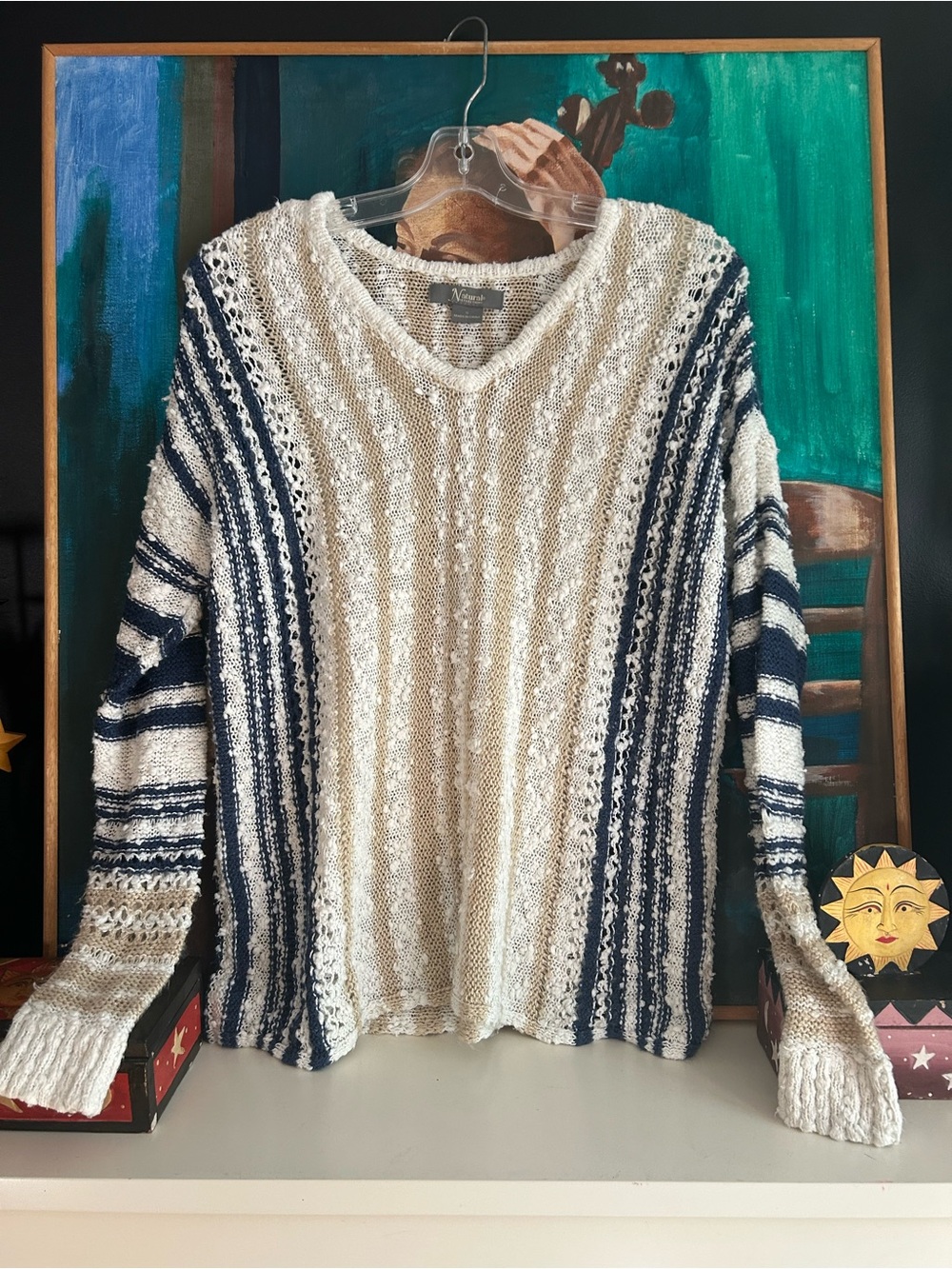 Natural Reflections Cream Navy Striped Open Knit V Neck Sweater Size S